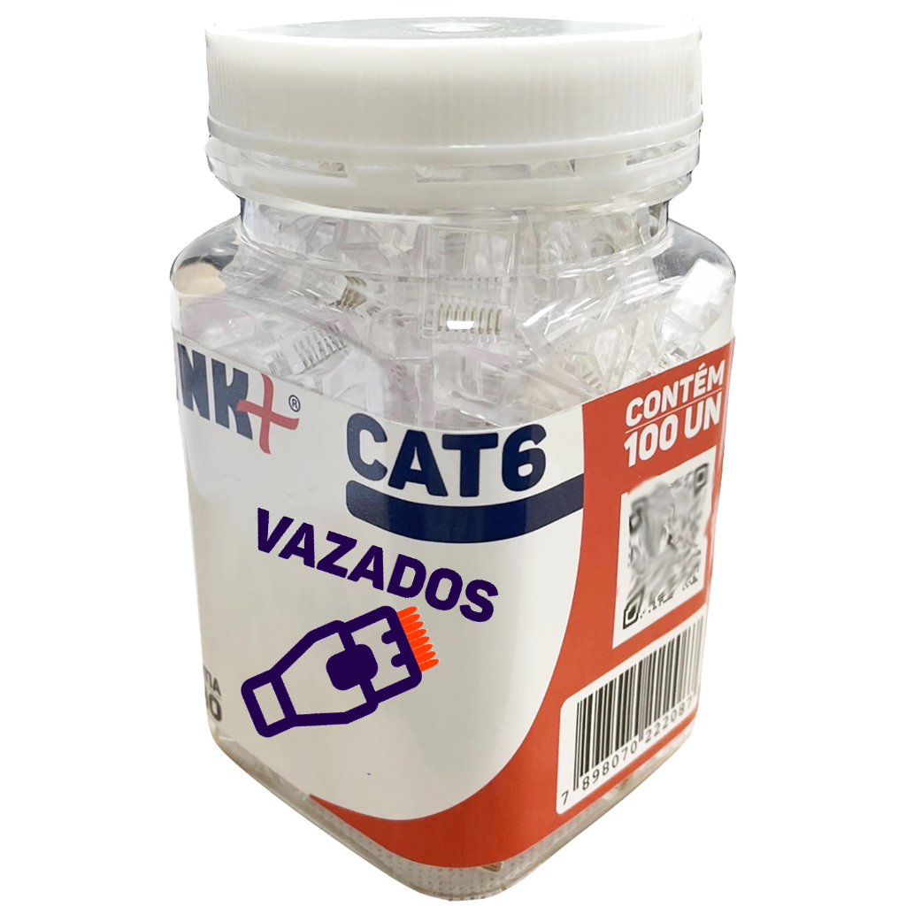 10x Pote 100 Pcs Conector Plug Rj45 Vazado Cat6 Ouro Link+