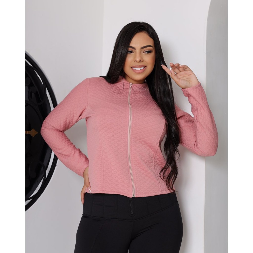 Jaqueta feminina de inverno metalasse gola cadete com ziper na frente