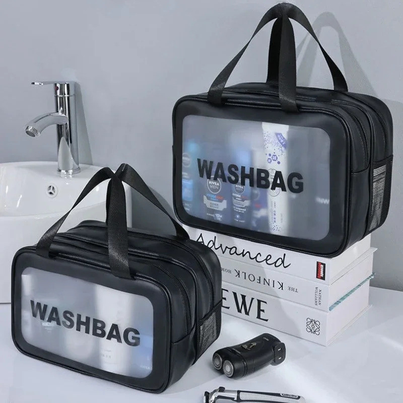 Organizador de Maquiagem Portátil em PU Transparente - Bolsa de Compartimento Duplo para Itens Secos e Molhados para Via