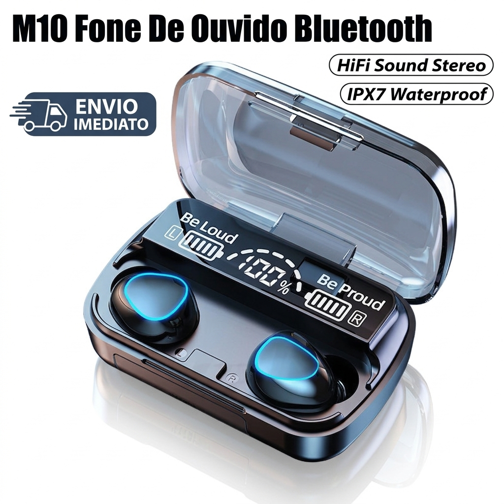 Fone De Ouvido Sem Fio M10 Bluetooth 5.1 Display Led Power Bank Audio Premium