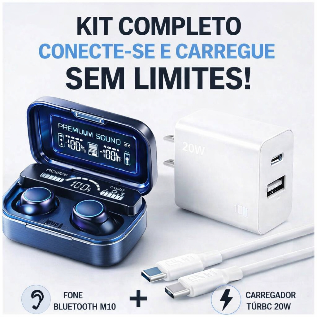 Kit Fone Bluetooth M10 Sem Fio TWS Bluetooth 5.1 + Carregador Turbo 20W USB-C PD Com Cabo Tipo C