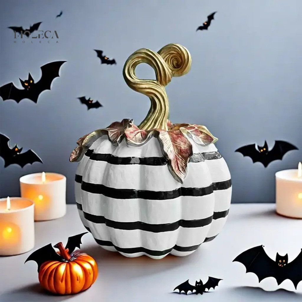 Hand Painted Retro Style Decor Halloween Pumpkin Black and White Striped Ornament Resin Table Centerpiece Vintage Home D