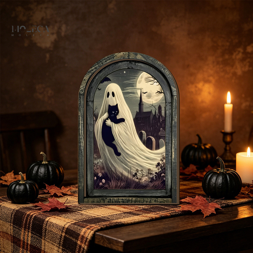 Halloween Decorations for Home Vintage Style Ghost Painting Wooden Wall Decor Cat Hanging Ornament Distressed Plaque Spo