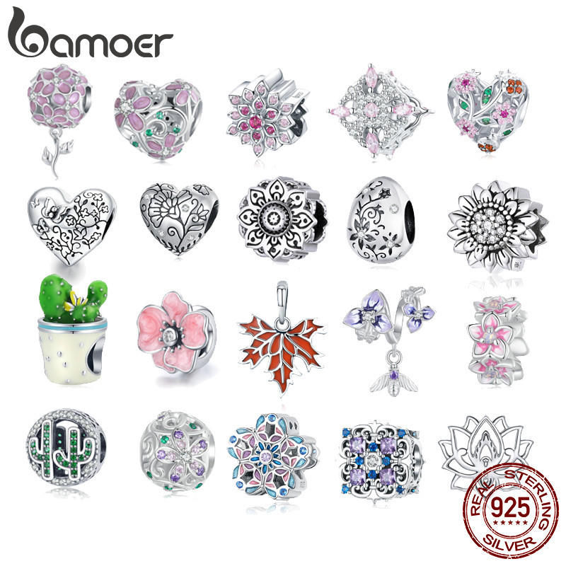 Bamoer 925 Sterling Silver Charms Vintage Floral Plant Series Pingente Acessórios De Moda Aniversário SCC1603