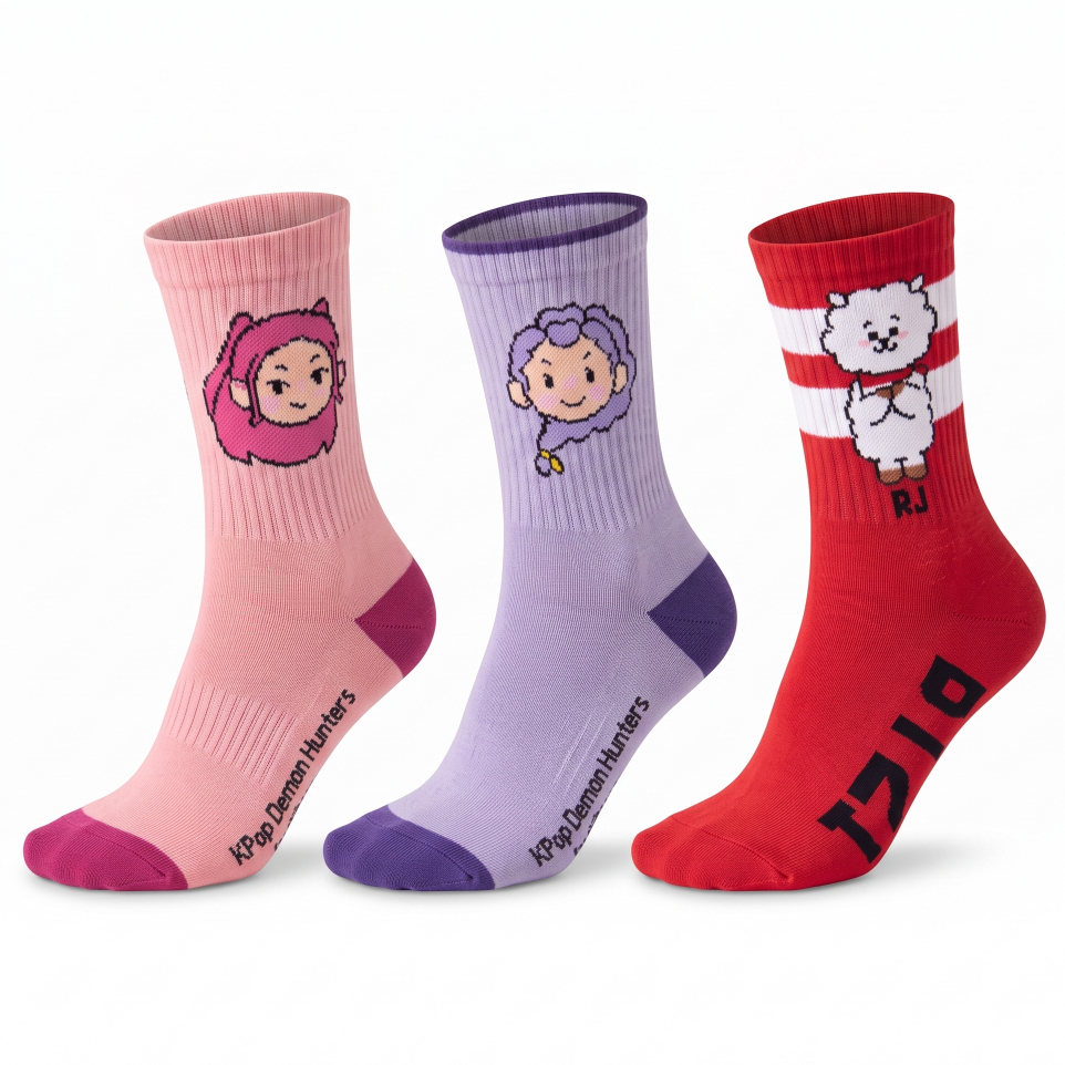 Promoção Kit Meia Infantil Menina Guerreiras do K-Pop Rumi Mira Zoey RJBT21 BTS Geek Personagens Sul Coreanos