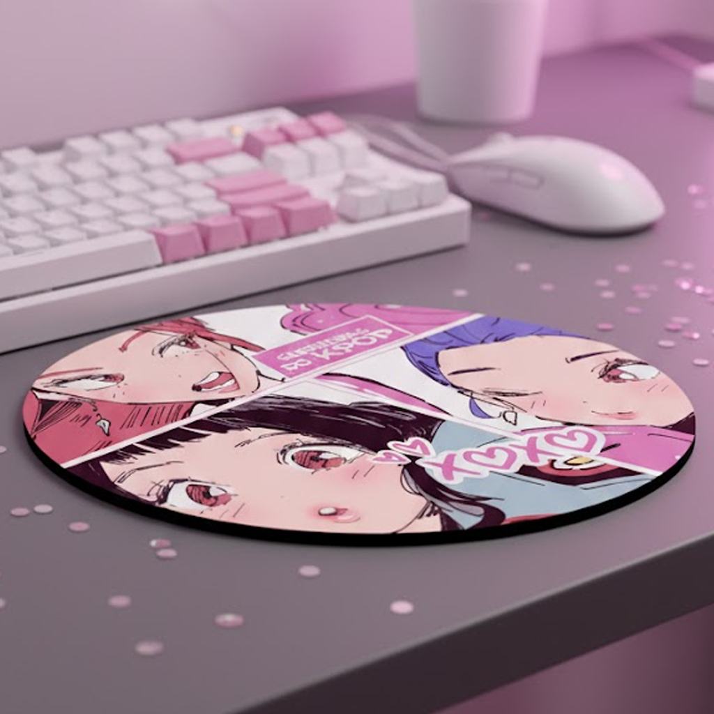Mousepad Gamer Guerreiras do K-Pop 20cm Base Borracha Revestimento Poliéster Rumi, Mira e Zoey