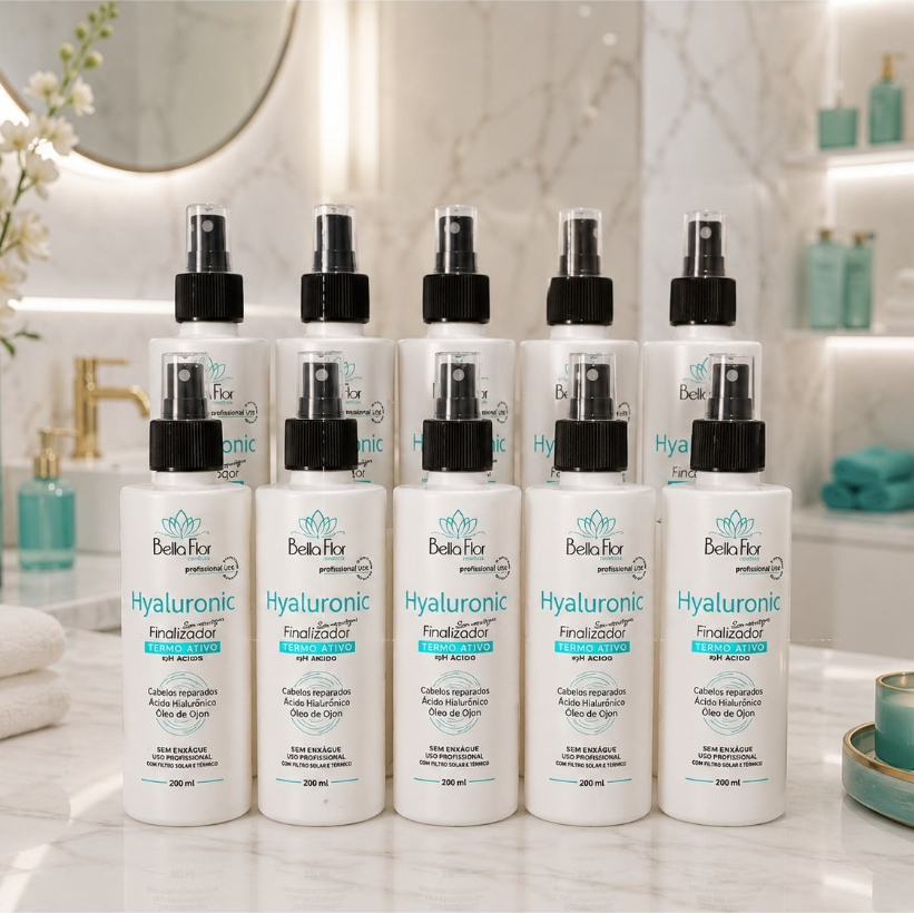 Kit 10 Spray Finalizador Hyaluronic 250ml Reparador Anti-Frizz Sem Enxágue Bella Flor Controle de Volume Uso Diário