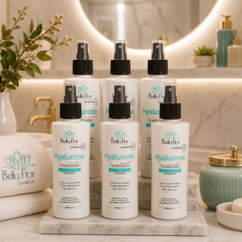 Kit 6 Spray Finalizador Hyaluronic 250ml Reparador Anti-Frizz Sem Enxágue Bella Flor Controle de Volume Uso Diário