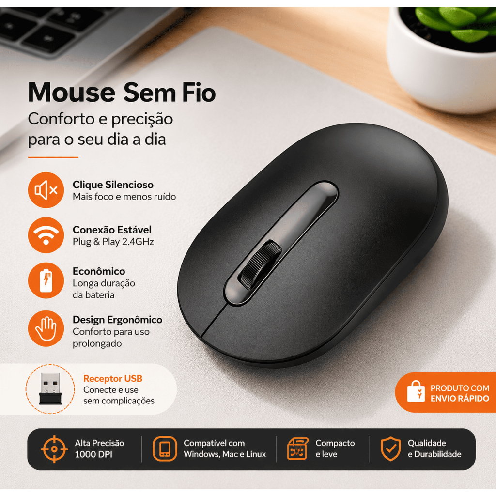 Mouse Sem Fio 2.4GHz Preto – Conexão Estável, Design Ergonômico e Alta Precisão 1000 DPI