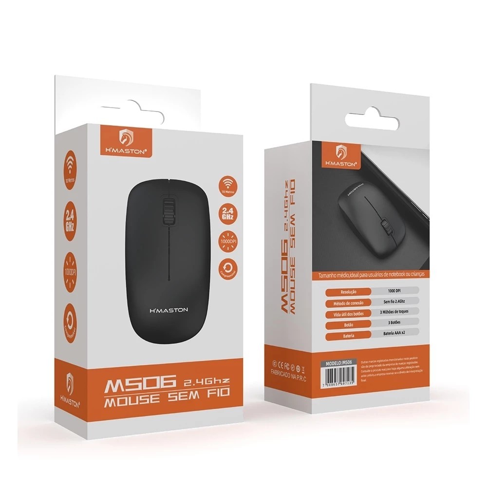 2 Mouse Sem Fio H’Maston MS06 2.4GHz 1000DPI Receptor USB 10m 3 Botões Ergonômico