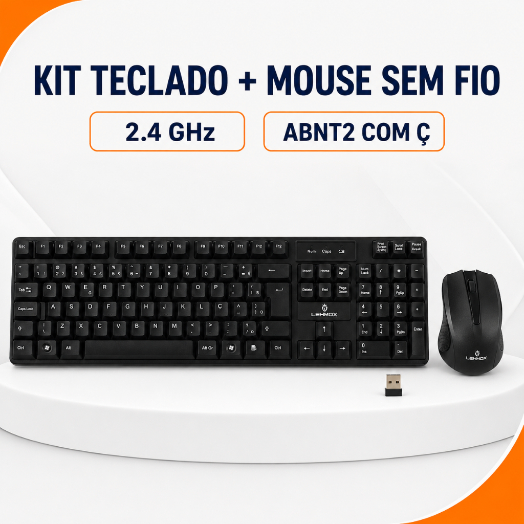 Kit Teclado e Mouse Sem Fio 2.4GHz Lehmox LEY-176 ABNT2 com Ç USB 1000 DPI Preto PC Notebook