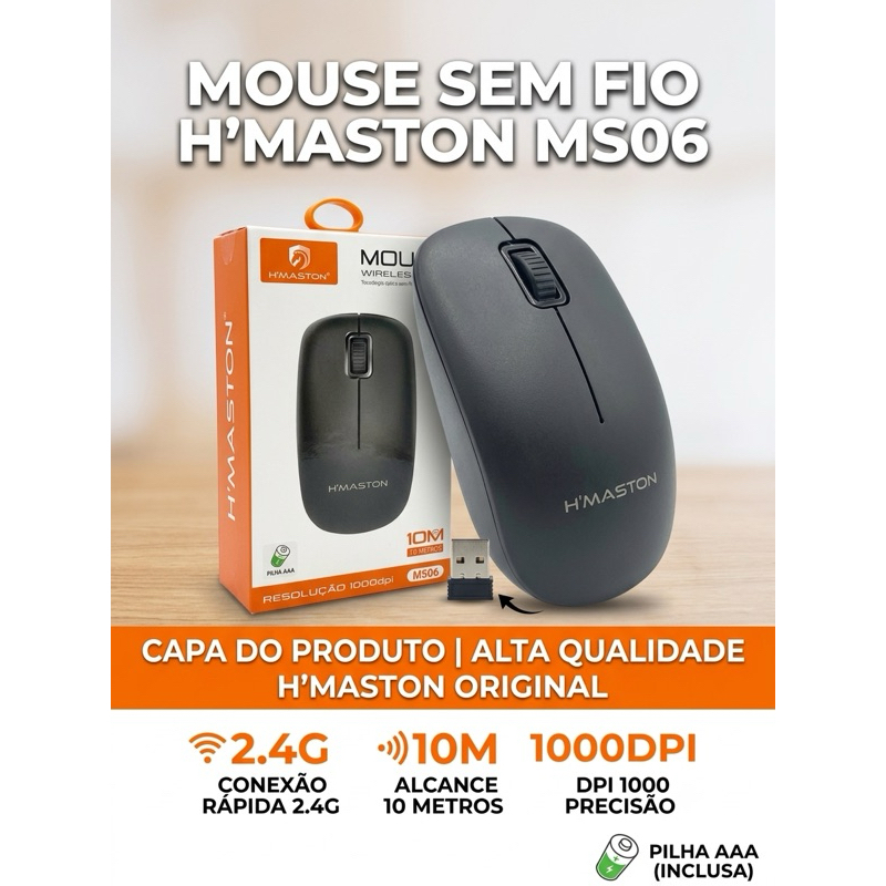 H'maston MS06 Mouse Sem Fio 2.4Ghz 1000Dpi Para Notebook PC Wireless Bluetooth Usb Design Ergonômico