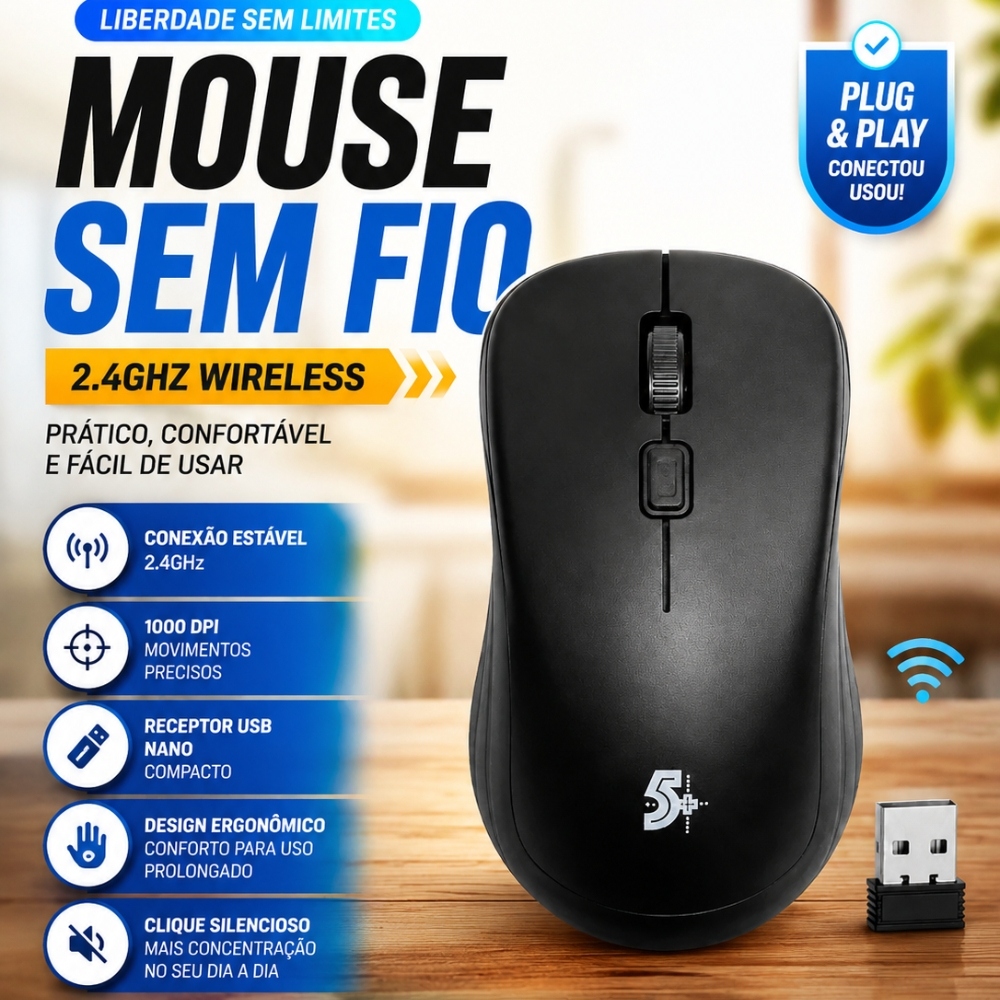 Mouse Sem Fio Wireless 2.4GHz USB Ergonômico 1000 DPI Silencioso Plug & Play para Notebook PC Windows Mac Linux