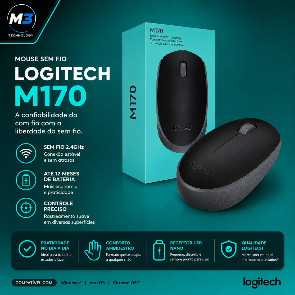 Mouse Sem Fio Logitech M170 Wireless USB 2.4GHz 1000 DPI Original Cinza