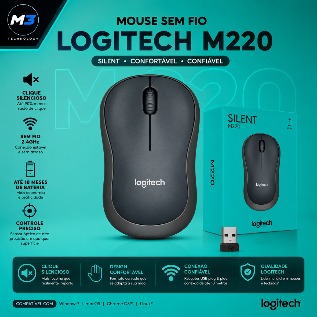 Mouse Sem Fio Logitech M220 Silent Wireless 2.4GHz USB 1000 DPI Original