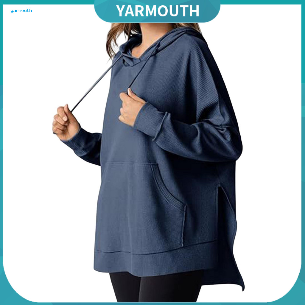 Women Oversized Hoodie Women’s Fall Spring – Loose Fit Waffle Knit Pullover with Big Pocket Drawstring Hood Slit Hem