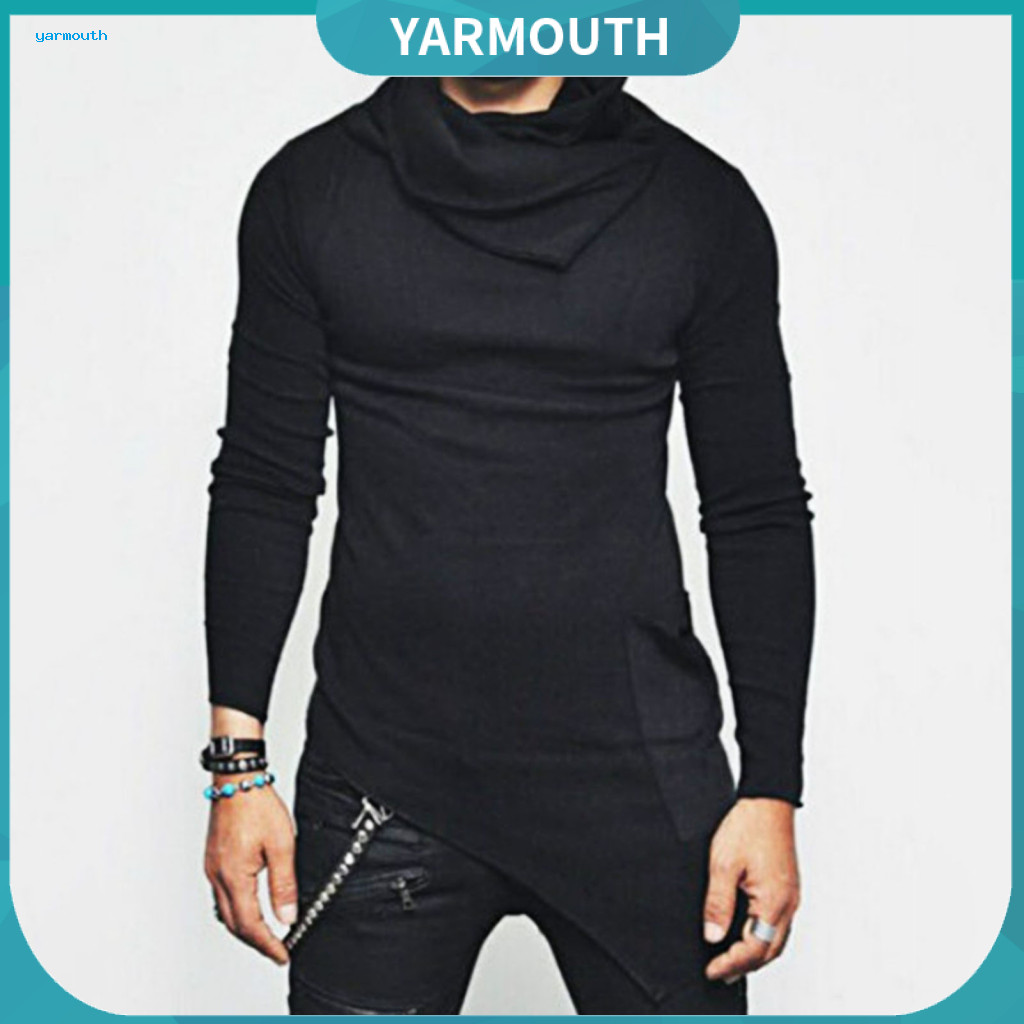 Men Solid Color Long Sleeve Top Tee Men's Spring Fall Slim Fit Sweatshirt Irregular Hem Mid-length Stacked Collar Elasti