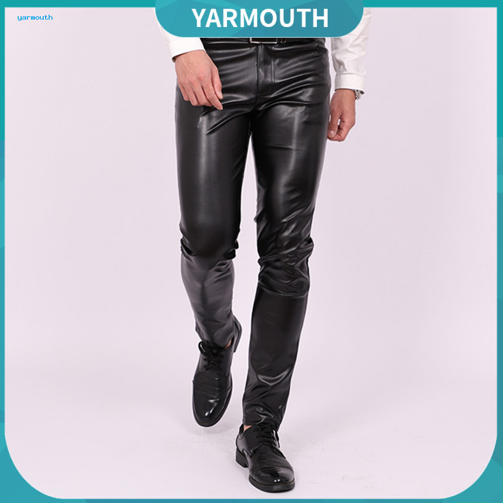 Faux Leather Bottoms Men Tight Fuax Pants Men's Slim Fit with Pockets Stretchy Motorcycle Style Trousers for Spring Fall