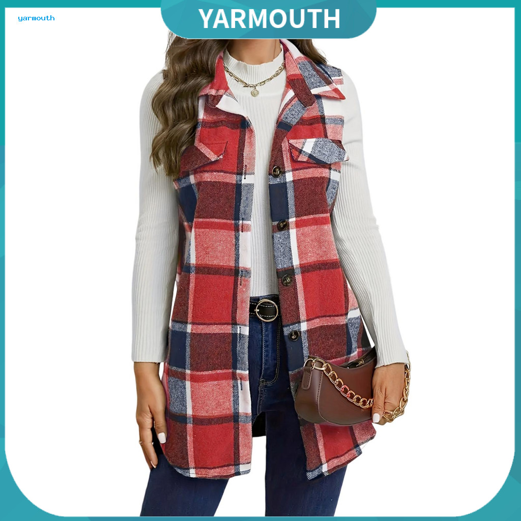 Retro Style Women Vest Plaid Design Lady Spring Fall Waistcoat Loose Mid-length Coat with Turn-down Collar Single-breast