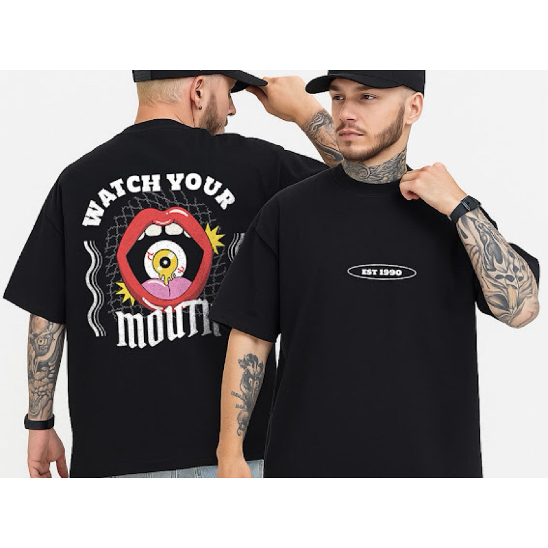 Camiseta Oversized Streetwear Estampa Costas Watch Your Mouth Boca Pop Art Algodão Unissex Larga