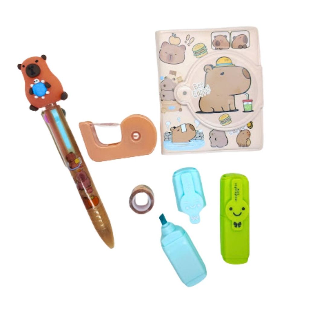 Kit Escolar Capivara Fofas Kawaii com Mini Bloco de Notas e Fita Adesiva Papelaria