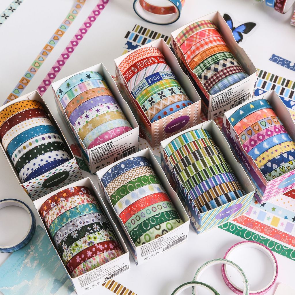 Penlab 8 Rolos Primeira Série De Notas Fita Washi Multi-Flor Xadrez Pontos Estrela Padrão Adesivo Adesiva De Papel Vinta