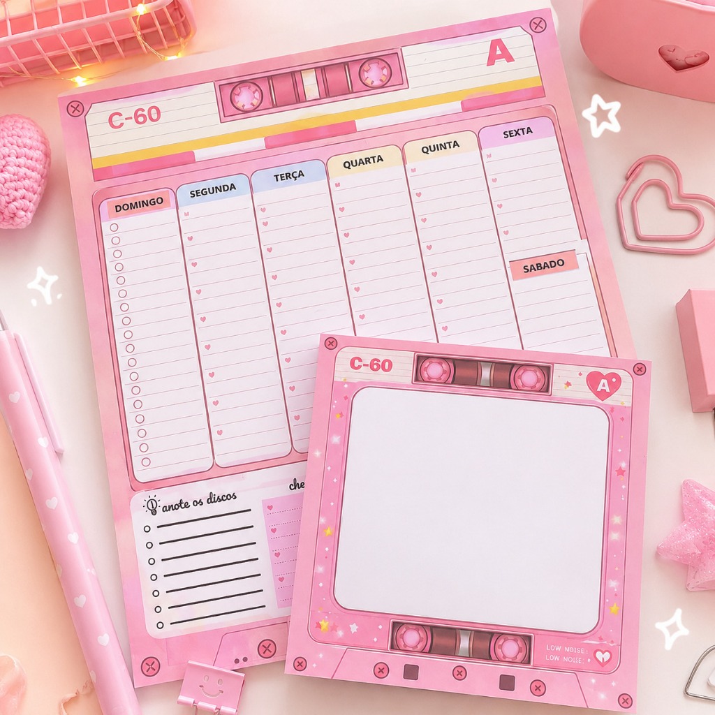 Bloco de Notas + Planner Fita Cassete Retro Fofo para Anotações Vintage C-60 Design Vintage para Organização Diária