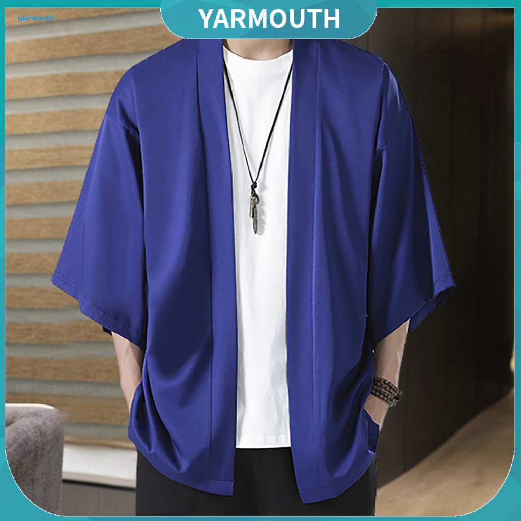 Japanese Style Shirt Men Breathable Men's Kimono Jacket Samurai Costume Solid Color Three Quarter Sleeve Cardigan Asian