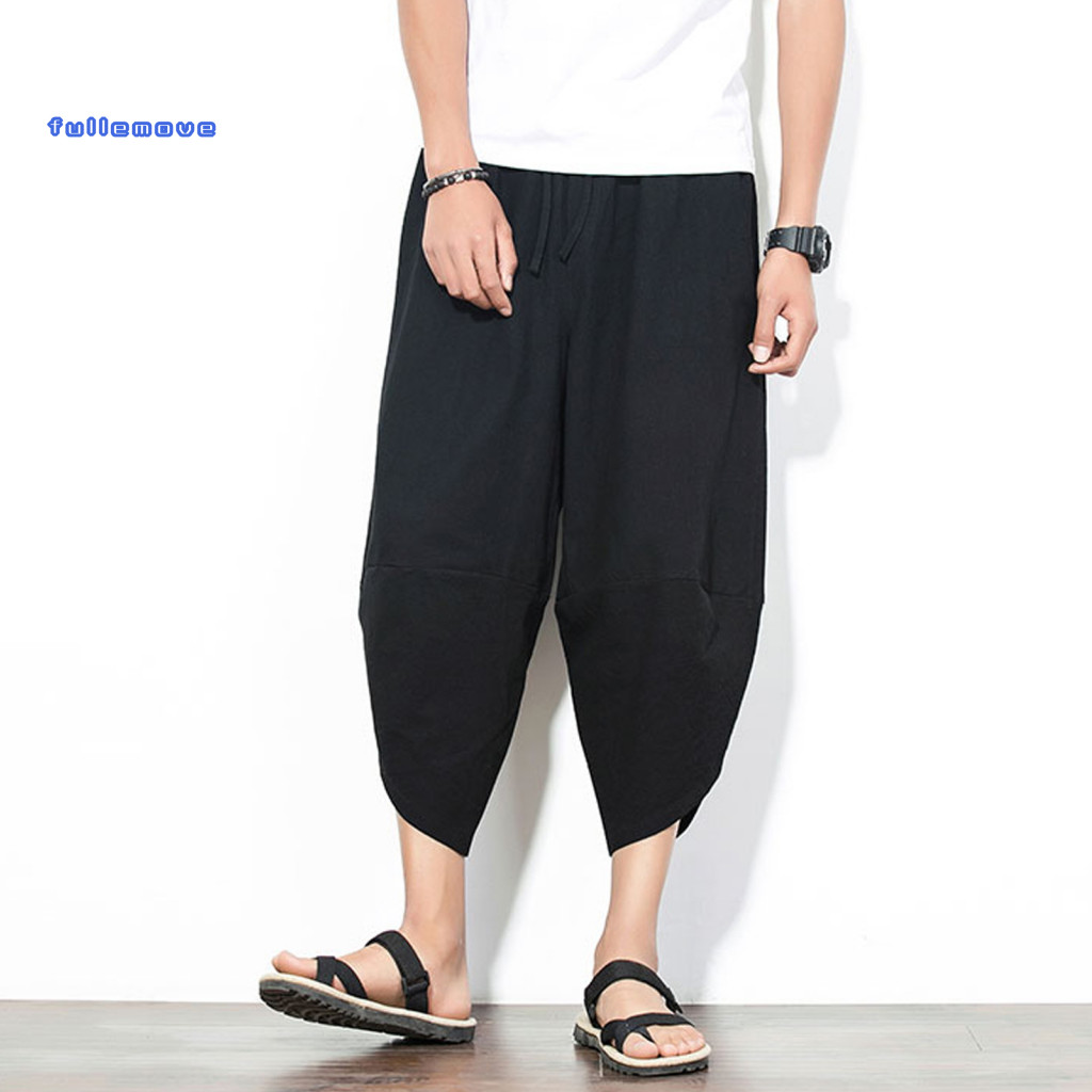 Men Side Pocket Cropped Pants Summer Men’s Harem Loose Fit Mid-calf Length Multi Pockets Japanese Style Crotch Breatha
