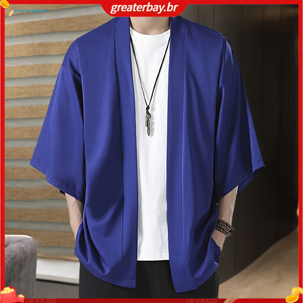 Men’s Japanese Kimono Shirt Jacket – Samurai Style Three Quarter Sleeve Cardigan Solid Color Traditional Costume for