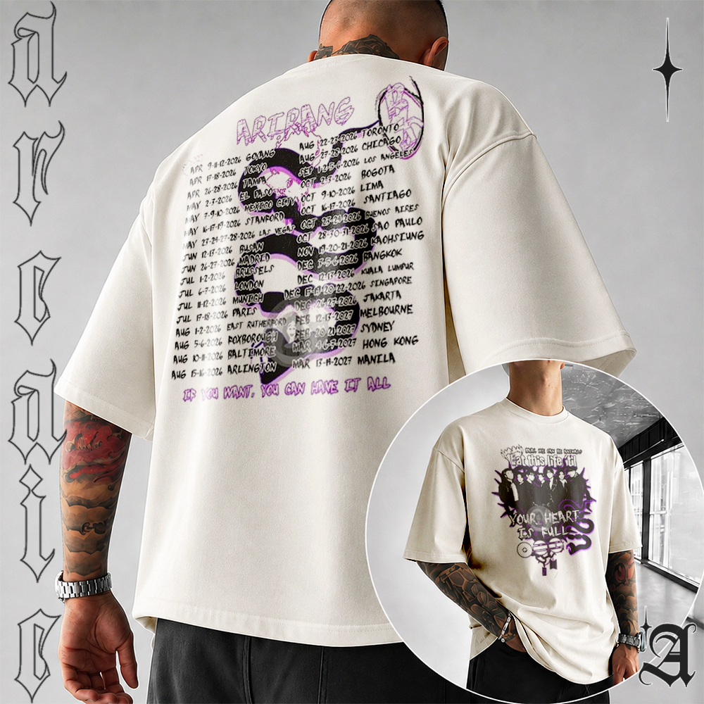 Camiseta Oversized BTS Kpop ARIRANG Tour 2026 Brasil Álbum Show Estampada Preta Unissex Manga Curta Algodão ARMY