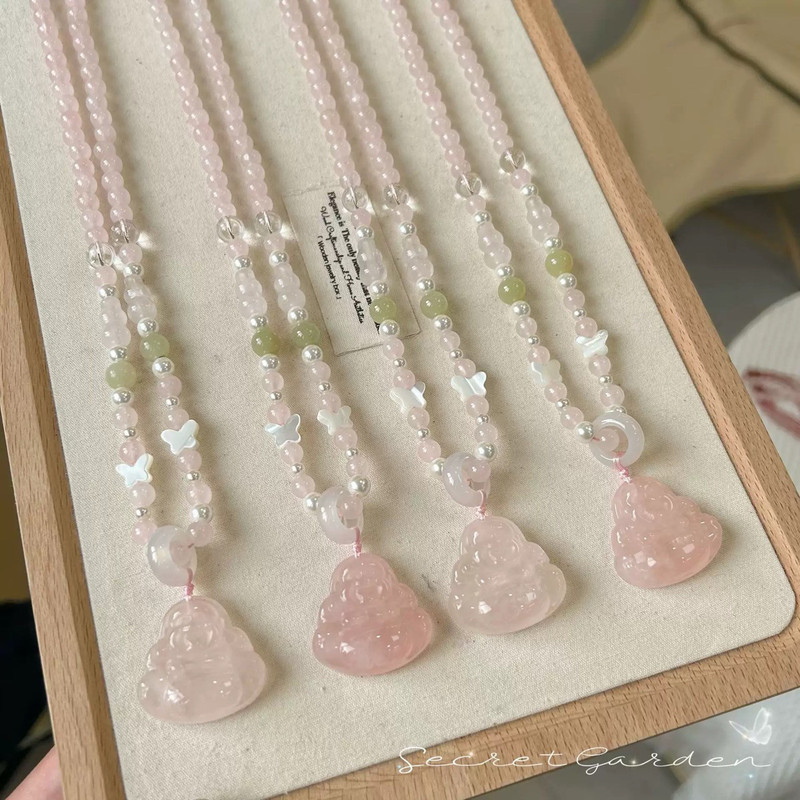 Pronto estoque novo estilo rosa cristal Natural buda Gong Wuwu marca pingente colar novo estilo chinês simples colar de