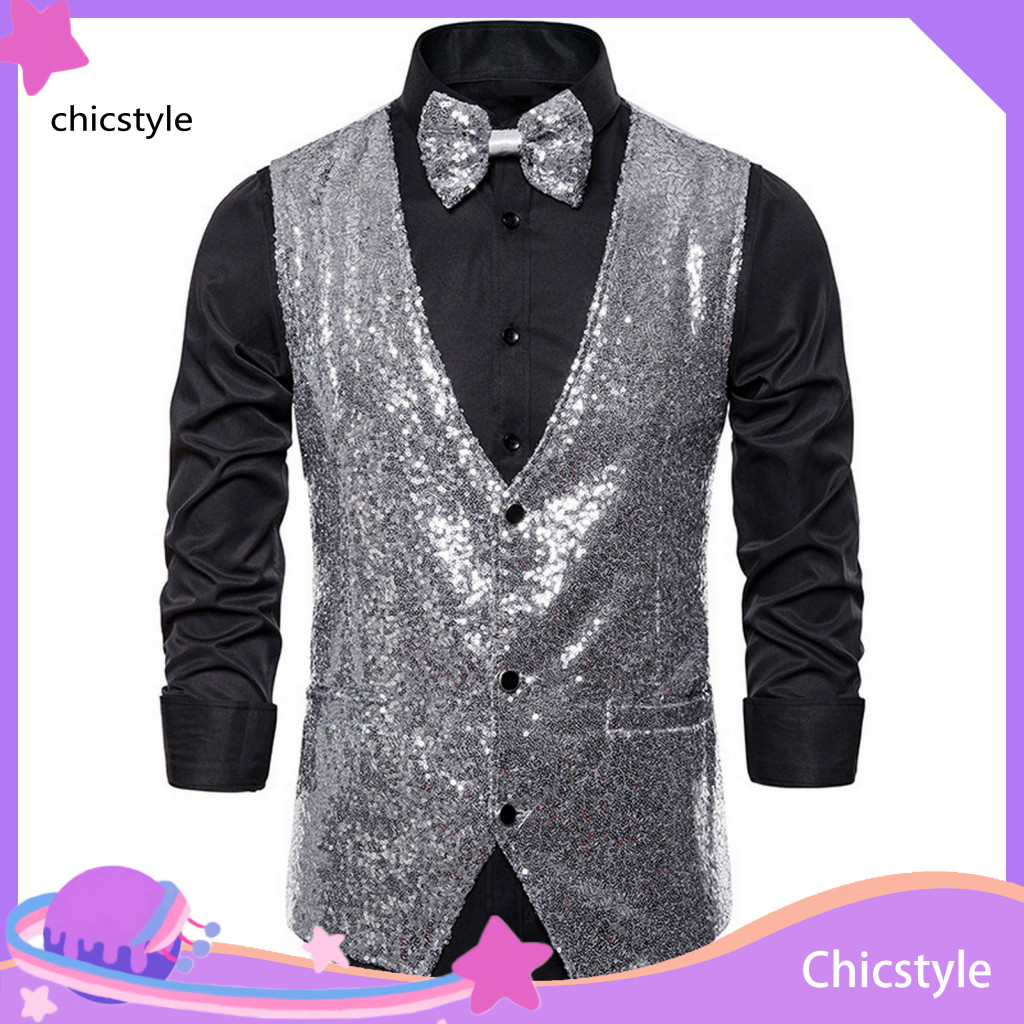 Classic Men Solid Color Vest Polyester Suit Men's Sequin Bow Tie Set Slim Fit Sleeveless Waistcoat Single-breasted V Nec