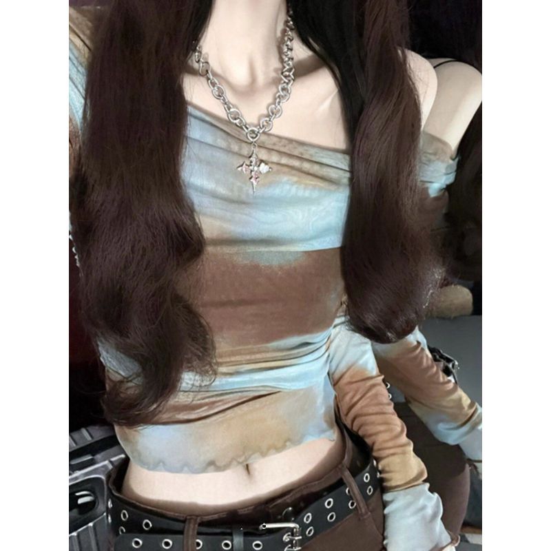 [Hot Girl Must-Have] Camisa de Chiffon de um ombro com fio de rede Tie-Dye Slim-fit Strapless Tul