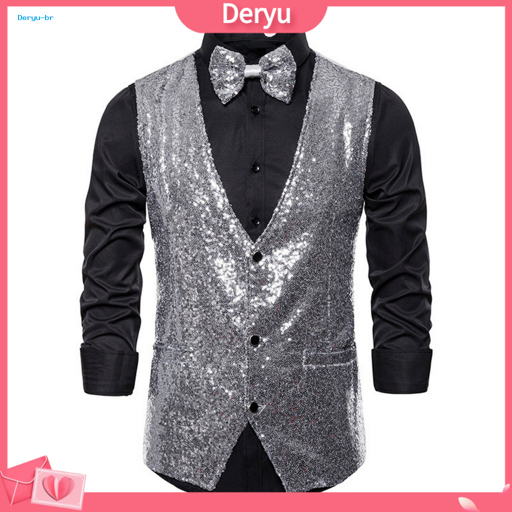 Fashionable Men Sleeveless Suit Jacket Single-breasted Vest Men's Sequin Bow Tie Set Slim Fit Waistcoat V-neck for Stage