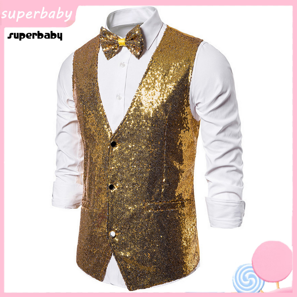 Stylish Men Vest with Sequined Tie Polyester Suit Men's Sequin Bow Set Slim Fit Sleeveless Waistcoat Single-breasted V-n
