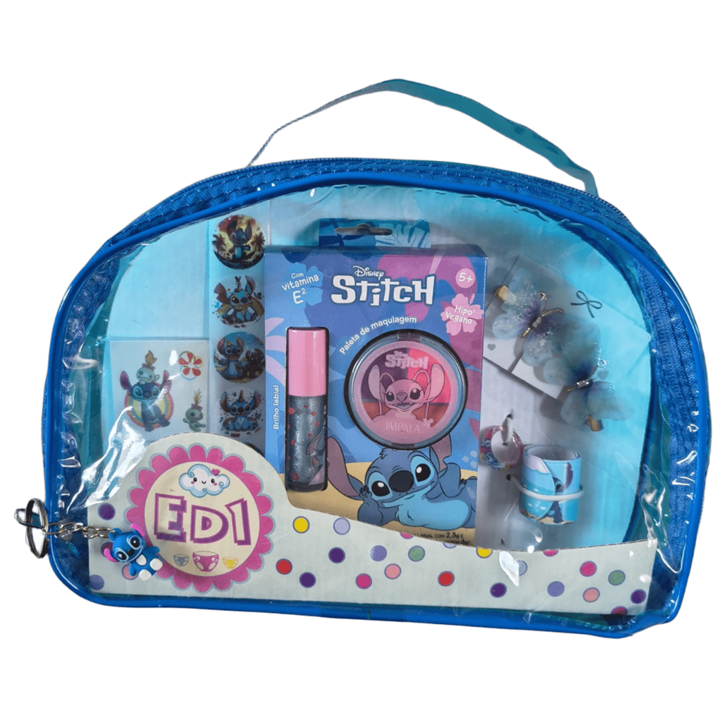 Bolsa Infantil Acessórios Lilo e Stitch Kit Brinquedo Maquiagem Menina Adesivo Tatuagem Chaveiro
