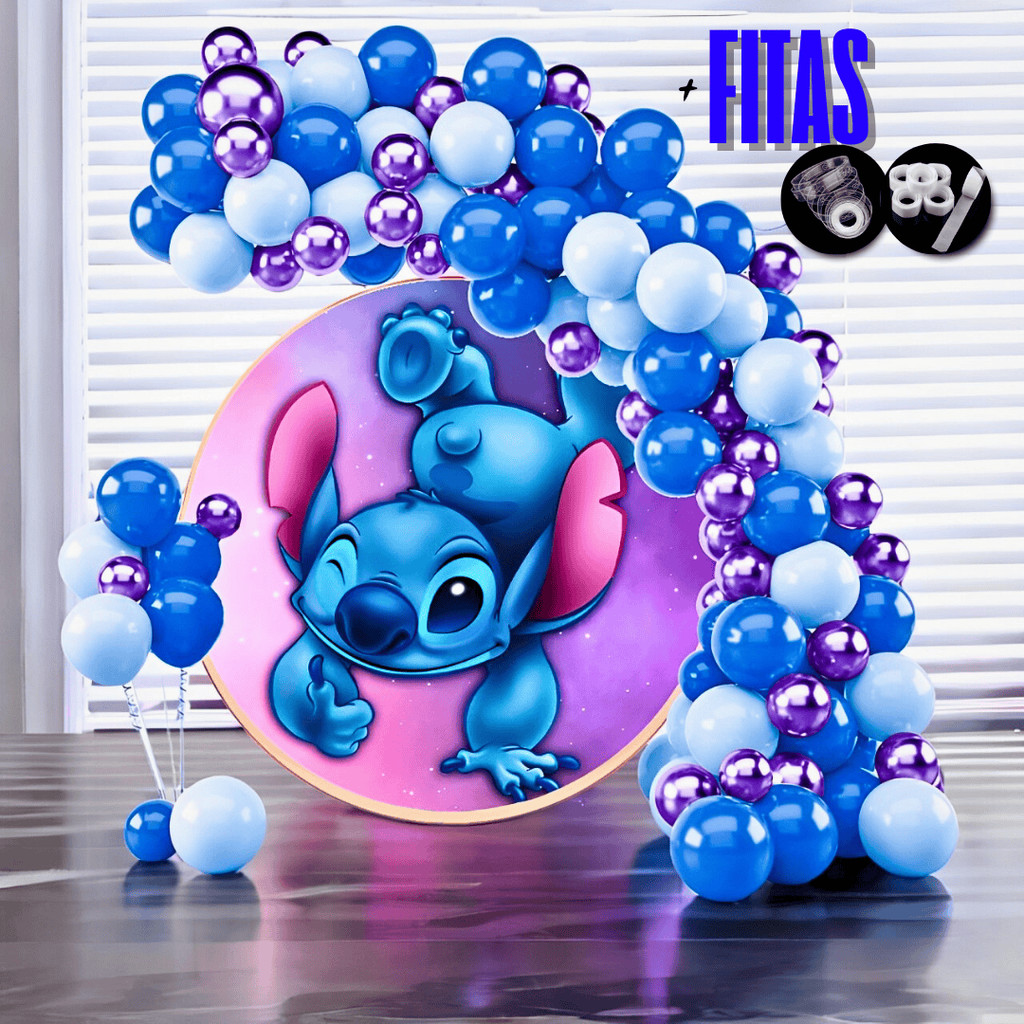 Kit 125 Balões Lilo & Stitch + Fita Arco e Fita Adesiva para Aniversários N'7 e N'5