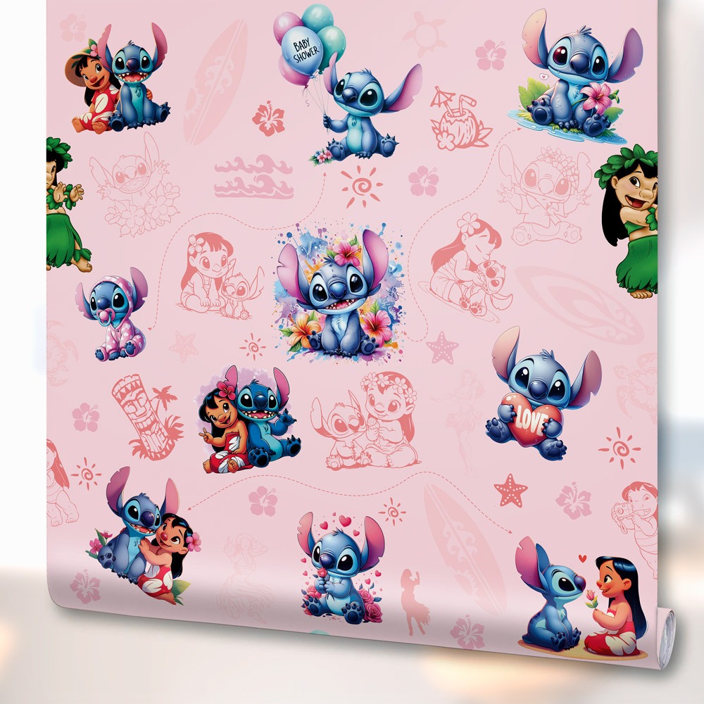 Papel de parede decoração Quarto Infantil Lilo e Stitch Lavável Rosa