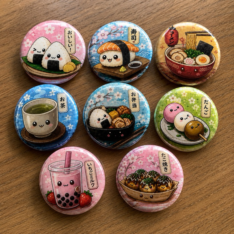 Kit 8 Bottons Japanese Kawaii Food 37mm | Sushi, Ramen, Bubble Tea, Onigiri, Tako Yaki, Dangô, Bentô, Kyaraben