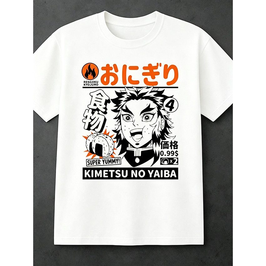 Camiseta Masculina Feminina Oversized Estampa Rengoku Kyoujuro Demon Slayer Estilo Cartaz Loja Onigiri Letras Japonesas
