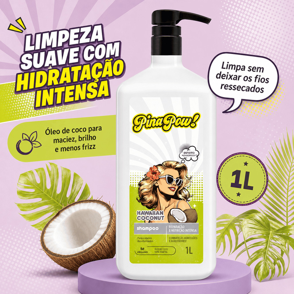 Shampoo Pinapow Hawaiian Coconut 1L | Limpeza Suave Hidratação Intensa Óleo De Coco Brilho Maciez Antifrizz