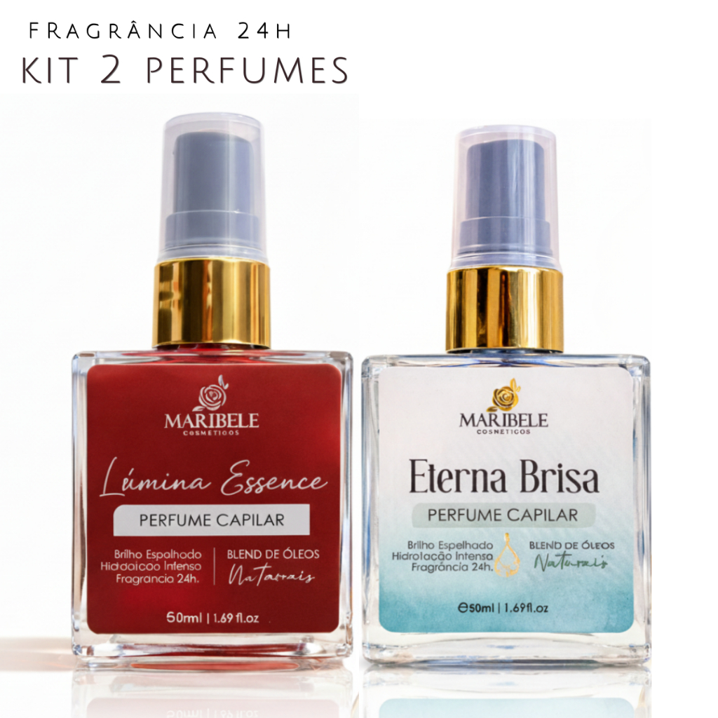 Kit 2 Perfumes Capilar 50ml Lúmina Essence + Eterna Brisa Brilho 24h Hidratação Anti Frizz Doce + Suave