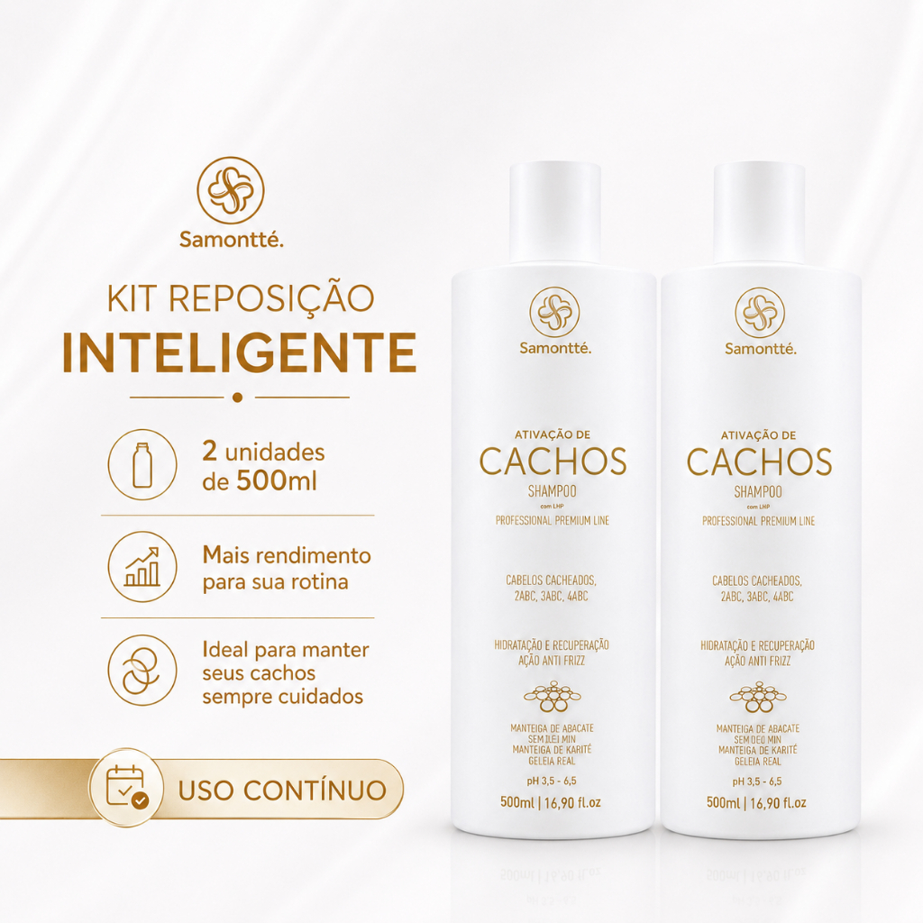 Kit 2 Shampoos Cachos S’amontté 500ml Reposição Limpeza Suave Hidratação Anti Frizz Cabelos Cacheados Crespos 2A a 4C