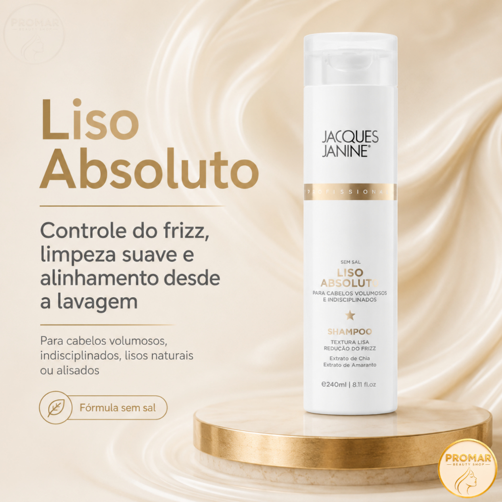 Shampoo Alinhamento Capilar Jacques Janine Liso Absoluto 240ml Antifrizz Efeito Sedoso Brilho Limpeza Suave Original