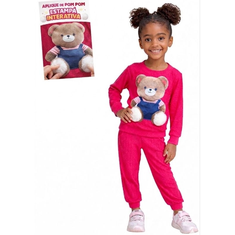 Conjunto Infantil Feminino Inverno Ursinho Pom Pom Interativo Rosa Pink Tam 2 ao 8 Roupa Infantil Menina Quentinha