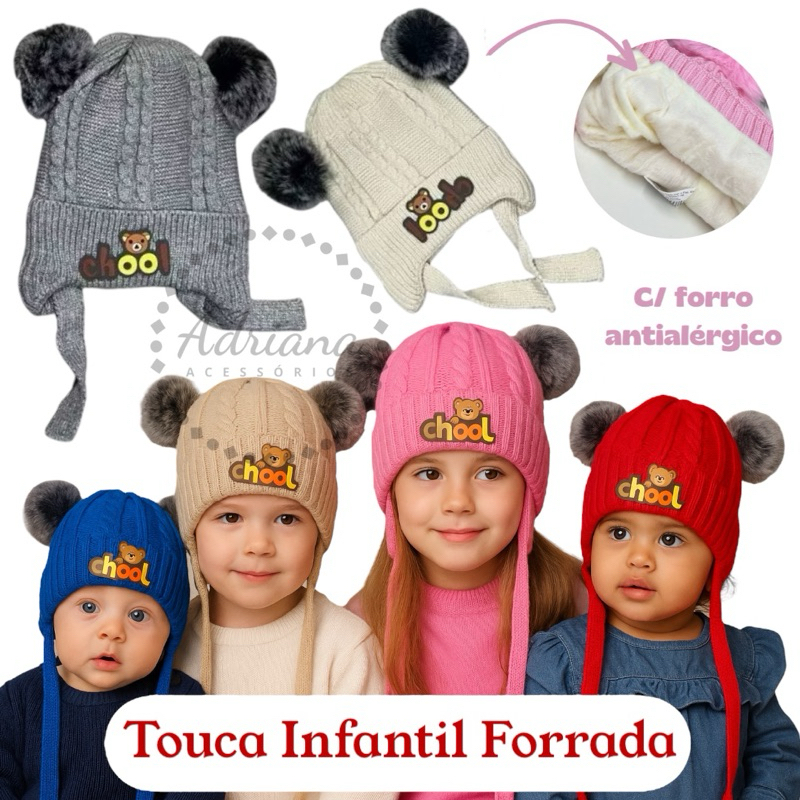 Touca Infantil Cobre Orelhas e Forro Peluciado Gorro de Lã Menina e Menino 2 Pom Pom | Várias Cores