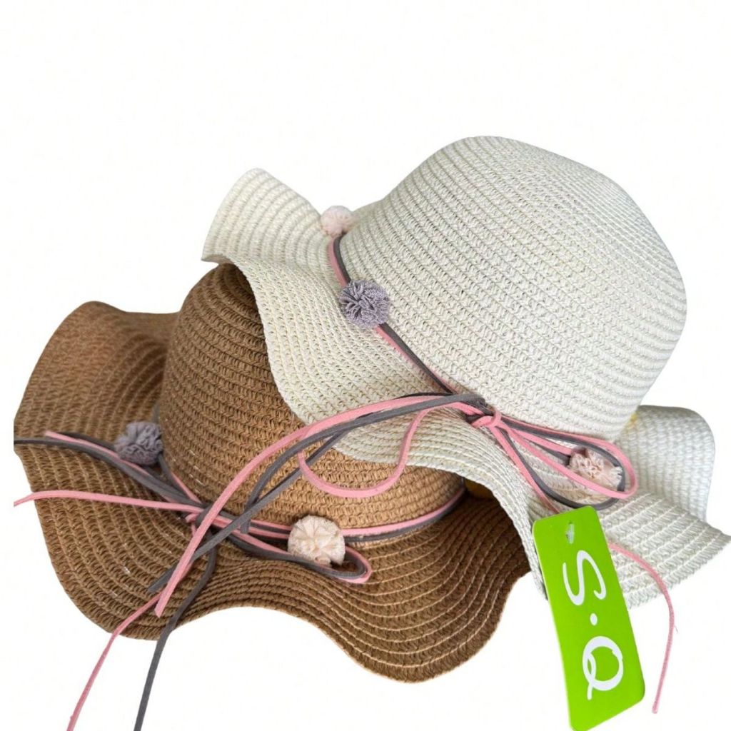 Chapéu Palha Infantil Menina Modelo Verão Praia Bolinhas Pom Pom