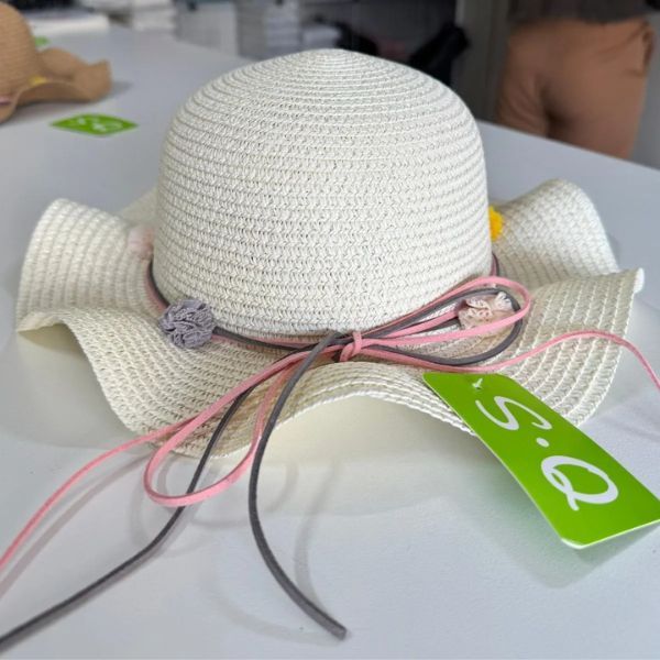 Chapéu Palha Infantil Menina Bolinhas Pom Pom - Modelo Verão