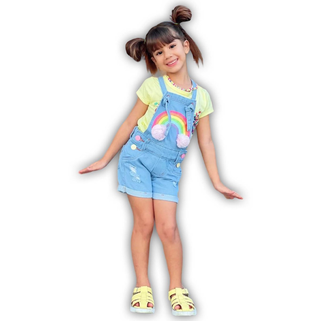 Macacão Jeans Infantil Feminino Menina Arco Iris Pom Pom kids Sarinha